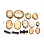 A collection of cameo brooches (some in 9 carat gold frames); three jet brooches etc