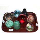 Eight various 19th century and later paperweights including a millefiore example