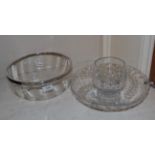 A silver rimmed glass bowl; a signed cut glass bowl; and a signed cut glass vase