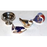 Three Royal Crown Derby birds; and a small silver tazza