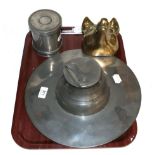 Pewter mould, pewter inkstand dish etc, brass bed warming pan and a set of early fire irons