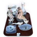 A tray including assorted Royal Copenhagen figures and vases; together with a Lladro figure of a