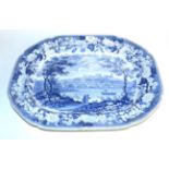 A large blue and white meat plate depicting a 'North East View of Lancaster', early 19th century