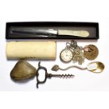 A silver pocket watch and chain, a silver watch chain, silver spoon, jewellery box etc