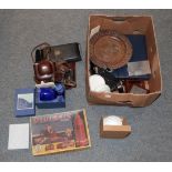 A tray including military compass; binoculars; assorted cameras; Minibrix game etc