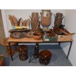 A quantity of various Ethnographica including tribal drums, face masks, food bowls, figures,