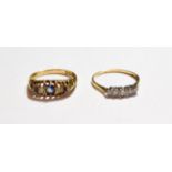 A diamond five stone ring, stamped '18CT', finger size Q; and an 18 carat gold sapphire and