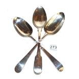 Three George III silver tablespoons, two Old English pattern, engraved with differing initials,