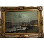Manner of John Atkinson Grimshaw (1836-1893) Nocturne Harbour scene, Whitby Bears signature, oil