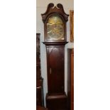 ~ An oak eight day longcase clock, 18th century, arch brass dial with applied plaque inscribed E.