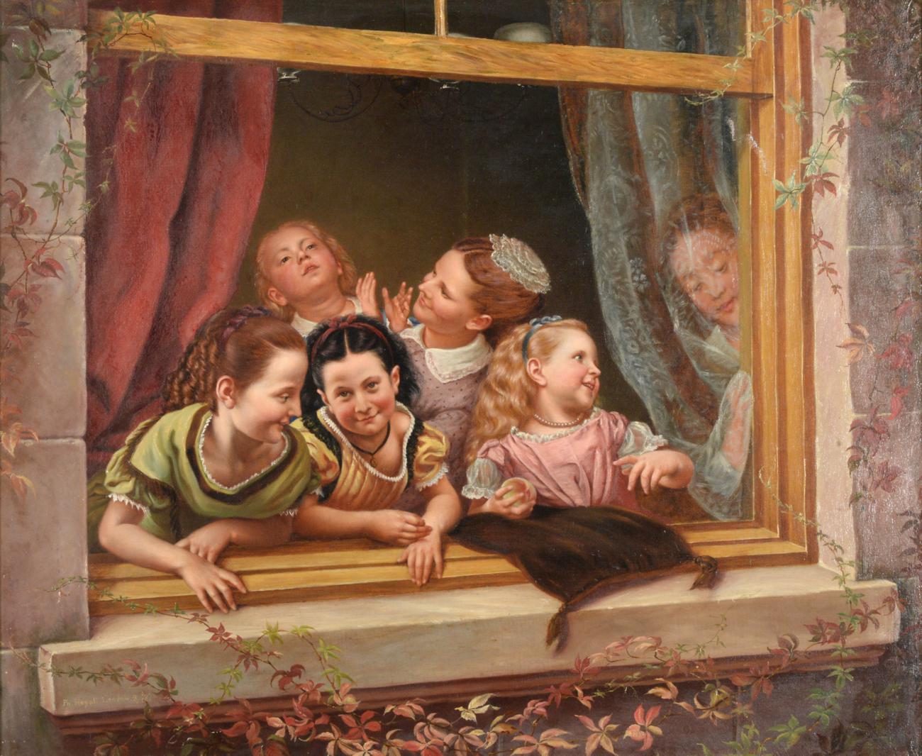 Philipp Hoyoll (1816-c.1876) German Children before a window Signed, oil on canvas, 62cm by 75cm