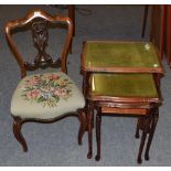 Three glass topped nesting tables; a folding oak fire screen; a Victorian rosewood framed chair; and