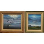 Neil Simone (b.1947) ''Flight of the Dolphin'' ''Night Flight'' Signed, oil on board, 24cm by 29cm