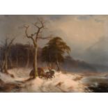 Alexis de Leeuw (1848-1883) Belgian Rider and horse cart in Winter landscape Signed and dated