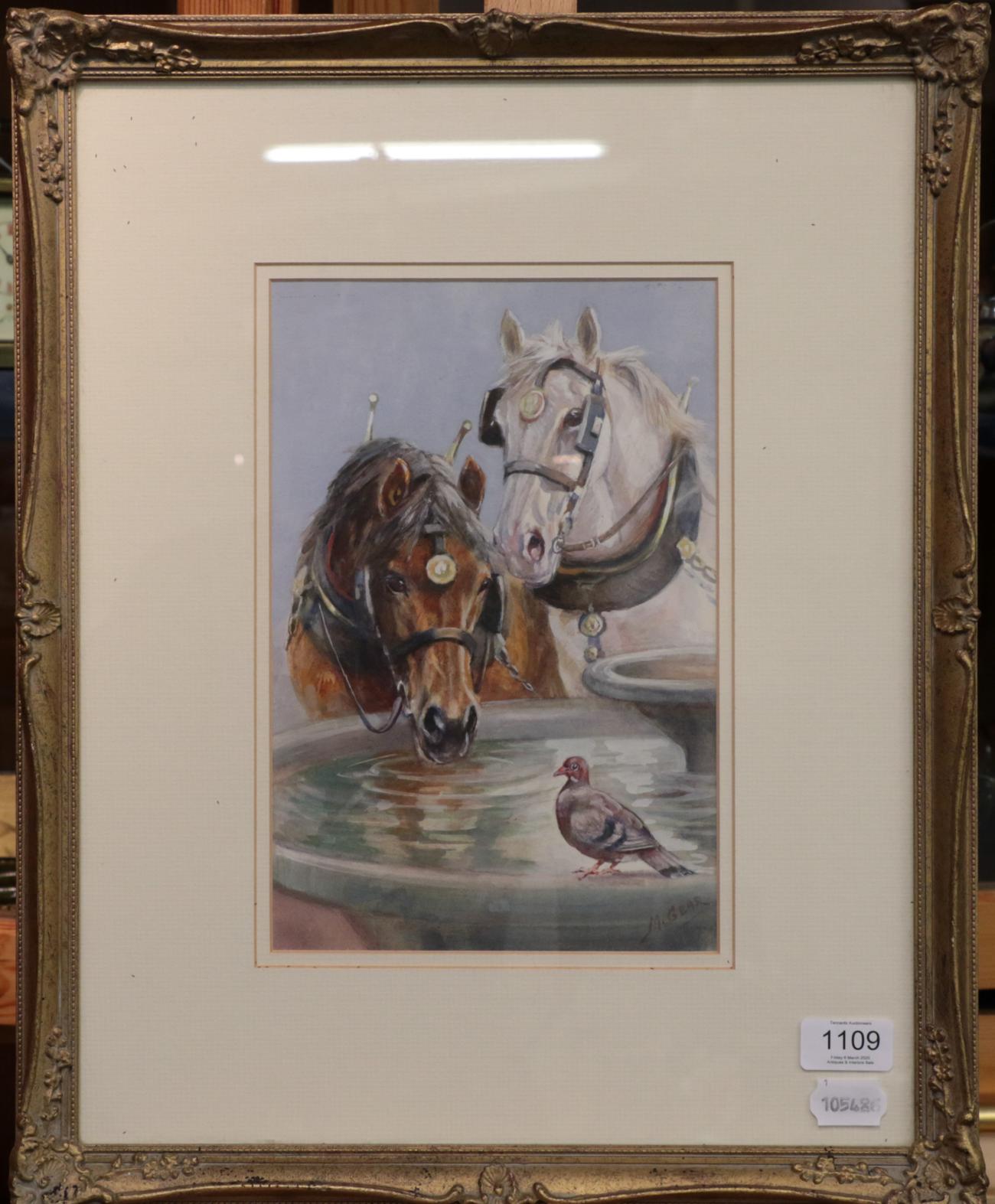 Mabel Gear (1900-1997) Two horses and a pigeon Signed, watercolour, 28cm by 18.5cm Provenance: