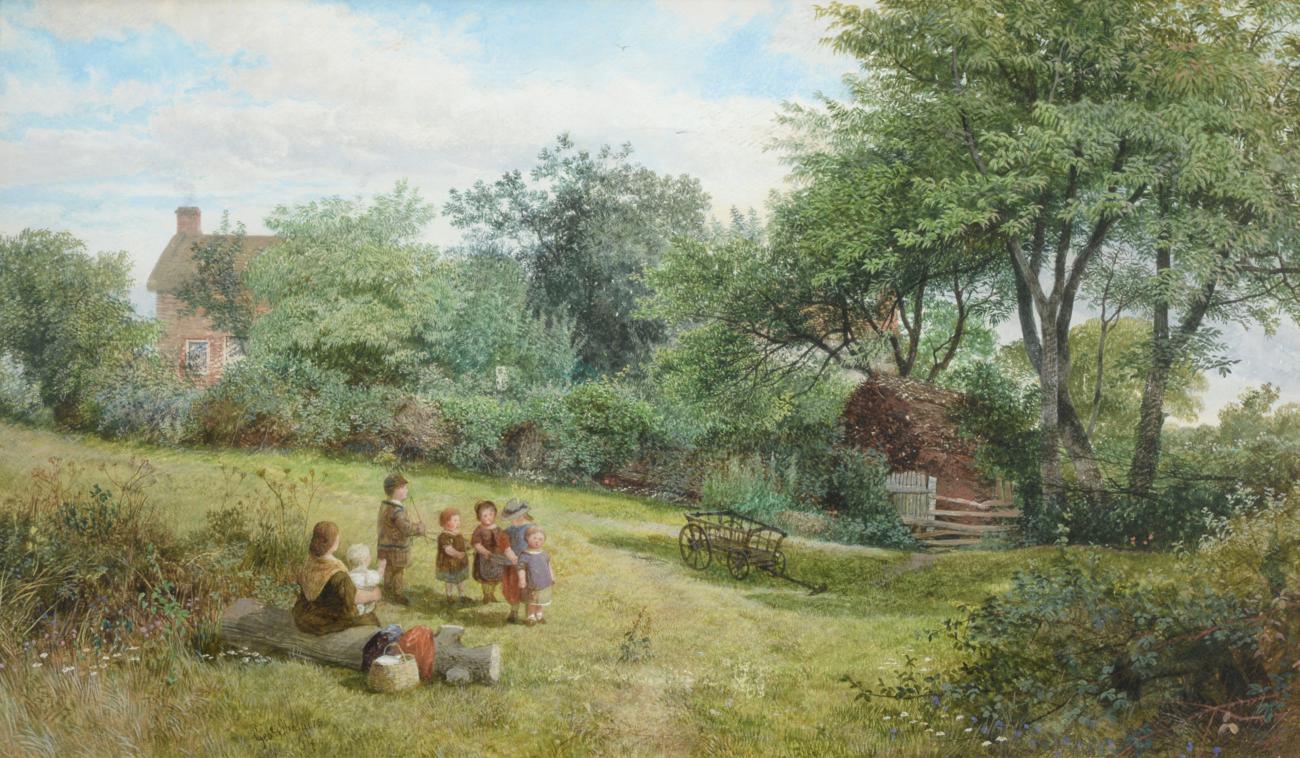 George Shalders (19th century) Children playing in a garden Signed and dated (18)64, watercolour,