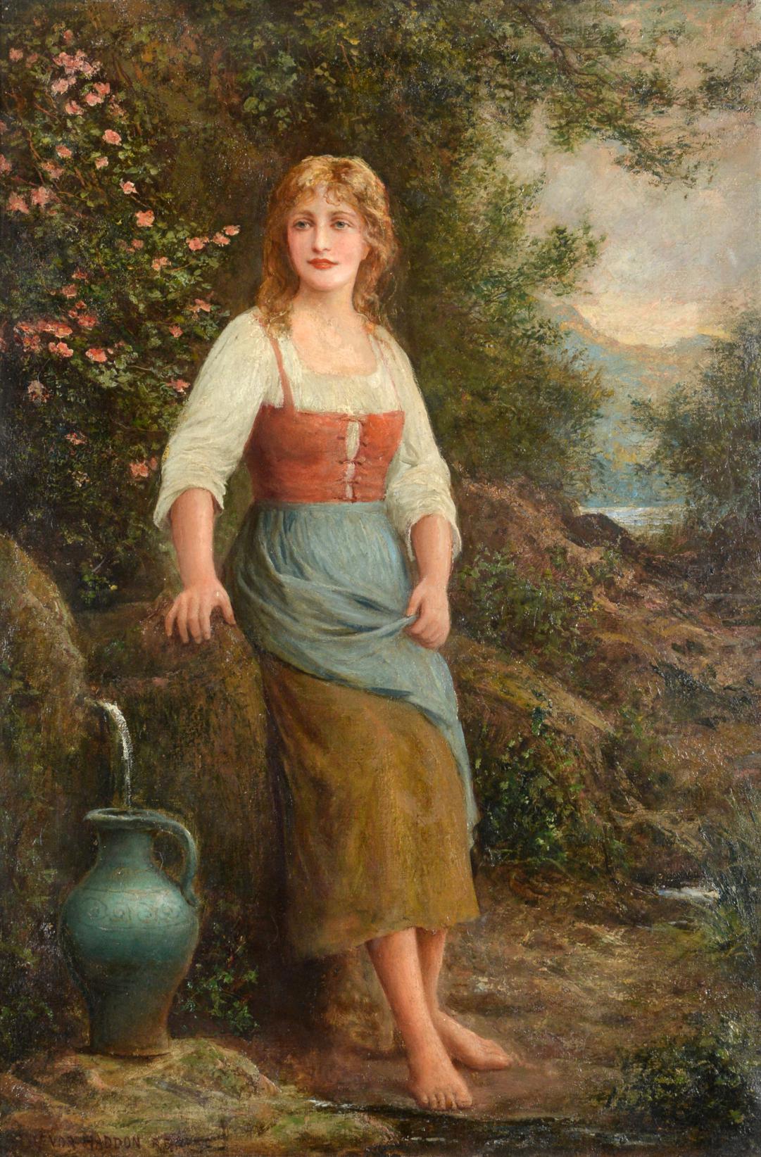 Trevor Haddon RBA (1864-1941) Full length portrait of a maiden collecting water Signed, oil on