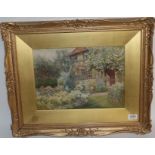 George H Hughes (exh.1894-1909) Cottage garden with a timber framed house Signed, watercolour,