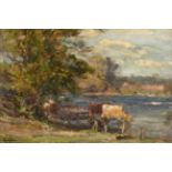 Owen Bowen ROI, PRCamA (1873-1967) Cattle Watering Signed, oil on canvas, 34.5cm by 52cm Artist's