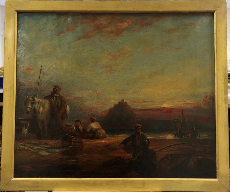 Follower of William Shayer (1787-1879) Fisherfolk with the day's catch before St Michael's Mount Oil