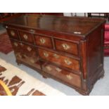 A George III oak and mahogany crossbanded Lancashire mule chest with hinged lid, 163cm wide