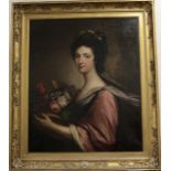 British School (19th century) Portrait of Mrs Campbell of Shaw holding a basket of flowers Oil on