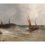 Attributed to Gustave de Breanski (c.1856-1898) Fishing boats off a pier in choppy waters Signed,