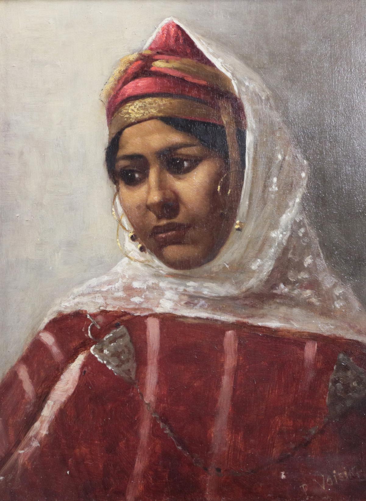 P* Voisin (19th century) Contemplation, a North African Beauty Signed, oil on panel, 33cm by 24cm