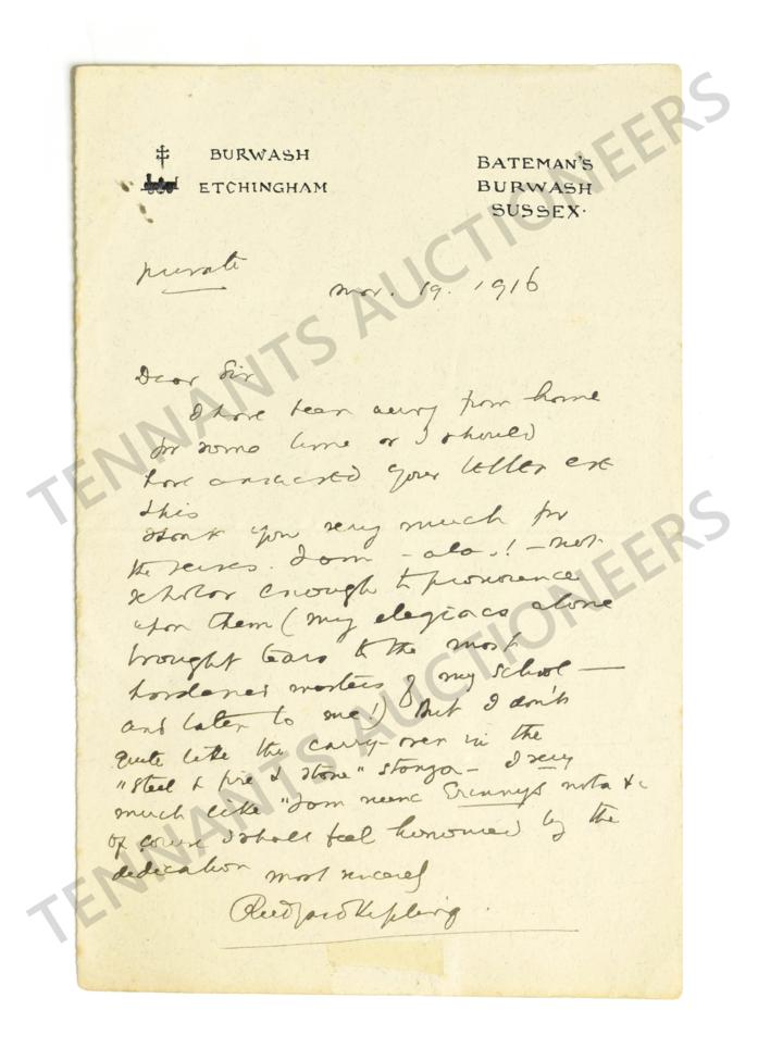 Kipling (Rudyard) Autograph Letter Signed, in response to a poet who has asked for Kipling's opinion