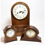 An enamelled dialled Oak Mantle clock circa 1920, two Edwardian inlaid mantle clocks (3)