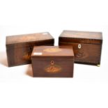 Three George III shell inlaid mahogany tea caddies