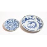 An 18th century Chinese dish, blue and white dragon & flaming pearl design, 29.5cm diameter, (a.