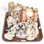 Assorted 19th century Staffordshire figures and flatbacks, including various animals, pastille