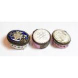 Three late 18th century enamel patch pots, including 'Love Constitutes the Value' motto example, all