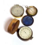 A brass cased J Hicks, London pocket watch barometer in case; a leather cased pocket barometer,