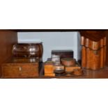 Two 19th century snuff boxes, small inlaid boxes, George III mahogany inlaid knife box, miniature