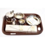 A collection of silver and silver plate, including: an Elkington silver plate mustard pot; a