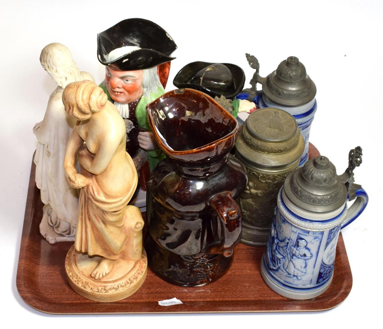 Three 19th century Toby jugs, three German beer steins and two other figures (8) (a.f.)