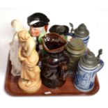 Three 19th century Toby jugs, three German beer steins and two other figures (8) (a.f.)