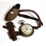 A German oversized pocket watch, a leather cased hunting flask; and a military water flask on a