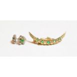 A 9 carat gold emerald and diamond crescent brooch, length 4.5cm; and a pair of 18 carat gold