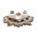 A Victorian silver plated desk standish by James Dixon & Son, of Rococo influence with twin inkwells