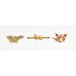 A 9 carat gold opal butterfly brooch, length 4.2cm,; an opal, ruby, sapphire and seed pearl