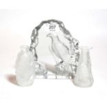 A Johansson Sweedish glass ornament of an eagle, a Lalique glass dwarf vase decorated with nudes and