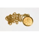 A 9 carat gold pendant on chain stamped '750', pendant length 3cm, chain length 59cm . Pendant