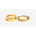 Two 18 carat gold band rings, finger sizes H1/2 and J1/2. Gross weight 6.5 grams