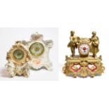 A gilt metal and porcelain mounted mantel timepiece; and two Continental ceramic mantel