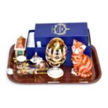 Royal Crown Derby Imari: Ginger cat, Playful Kitten, miniature wheelbarrow, miniature twin handled
