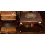 Early 20th Century Walnut foot stool, mahogany hinged box, 18th century small box and a olive wood