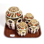 A large Royal Crown Derby Imari ginger jar and cover together with a set of three smaller